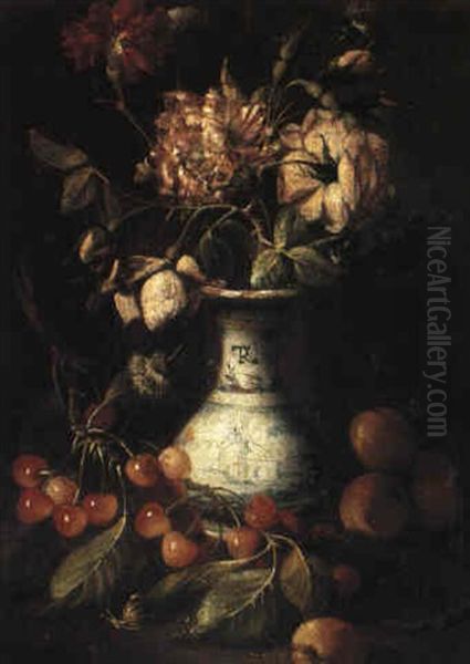 Still Life With Flowers In A Vase With Fruit Oil Painting by Tommaso Realfonso