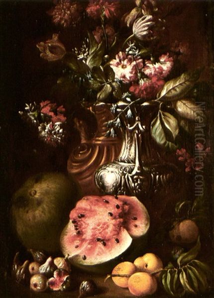 Still Life With A Bunch Of Flowers In Elaborate Silver And  Gold Urns, Melons, Figs And Peaches Oil Painting by Tommaso Realfonso