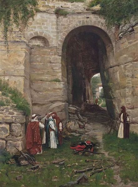 Arab Warriors At The City Walls Oil Painting by Maurice Realier-Dumas