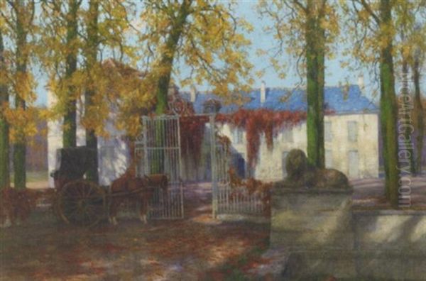 A Horse And Carriage By A French Countryhouse In Autumn Oil Painting by Maurice Realier-Dumas