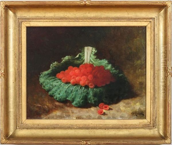 Raspberries On A Green Cabbage Leaf Oil Painting by Carducius Plantagenet Ream