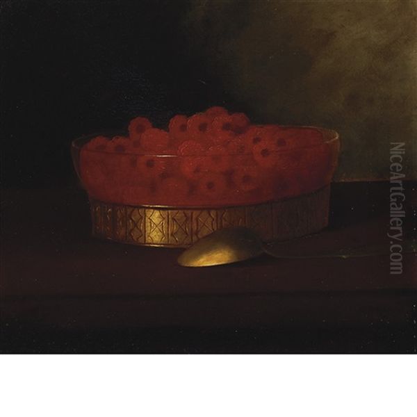 Still Life Of Raspberries In A Bowl With A Spoon Oil Painting by Carducius Plantagenet Ream