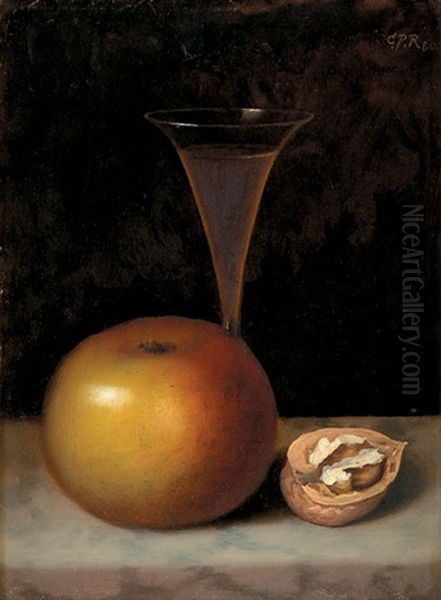 Still Life Of An Apple, Flute Of Wine And Cracked Walnut Oil Painting by Carducius Plantagenet Ream