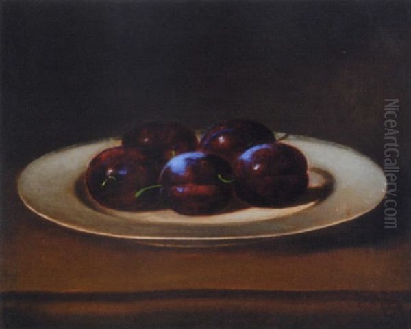 Plums On A Silver Plate Oil Painting by Carducius Plantagenet Ream