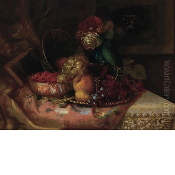 Still Life With Fruit And Flowers On A Table Top Oil Painting by Morston Constantine Ream