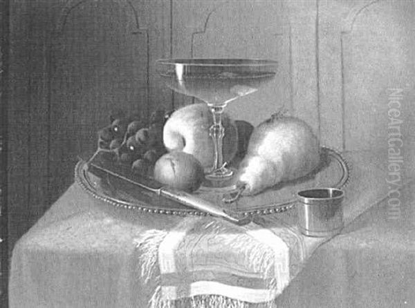 Still Life With Glass Of Wine, A Knife And Fruit On A Silver Platter Oil Painting by Morston Constantine Ream