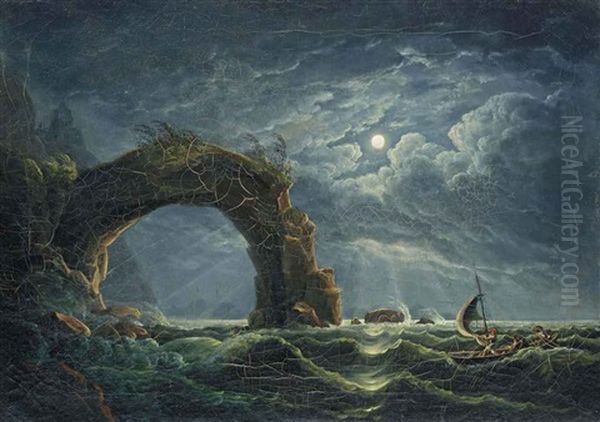 Stormy Seas Around The Arco Di Miseno Oil Painting by Josef Rebell