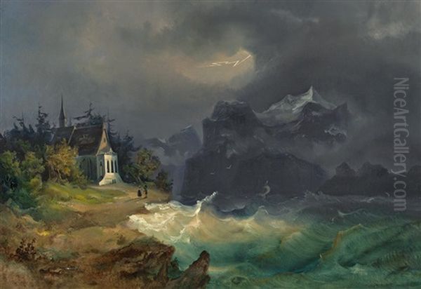 Die Tellskapelle Am Vierwaldstatter See Wahrend Eines Gewitters Oil Painting by Josef Rebell