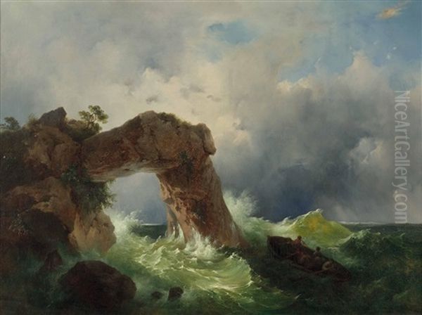 Meeressturm Bei Der Grotte Foccia An Der Kuste Von Fusaro Bei Neapel Oil Painting by Josef Rebell