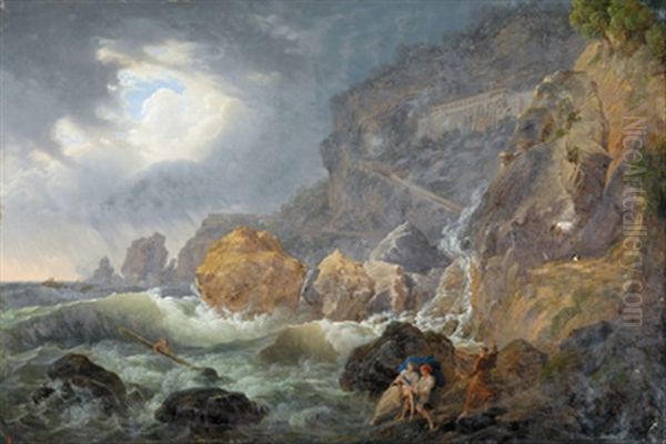 Die Kuste Von Amalfi Mit Dem Kapuzinerkloster Im Seesturm, Ein Paar Birgt Eine Ertrinkende Frau Aus Der Tobenden Brandung Oil Painting by Josef Rebell