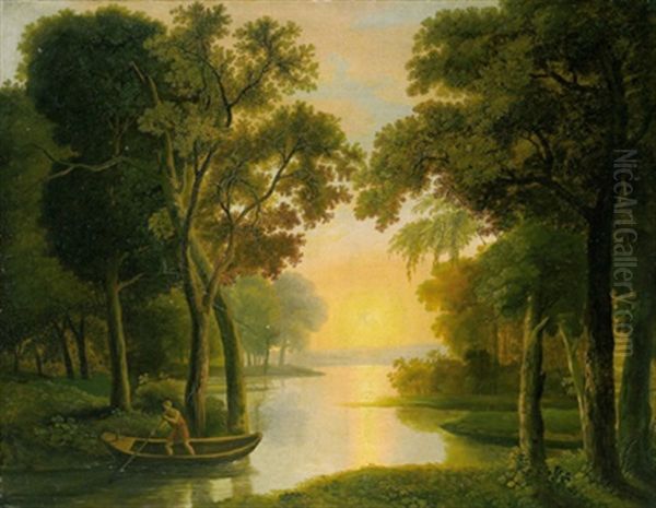 Flusslandschaft Bei Sonnenuntergang Mit Einem Kahnfahrer Oil Painting by Josef Rebell