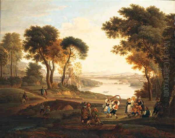 A Classical Landscape With Dancing Peasants Oil Painting by Josef Rebell