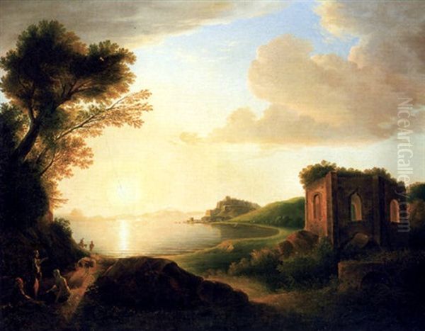 Il Tempio Di Venera E Baia Presso Napoli Al Tramonto Del Sole Oil Painting by Josef Rebell