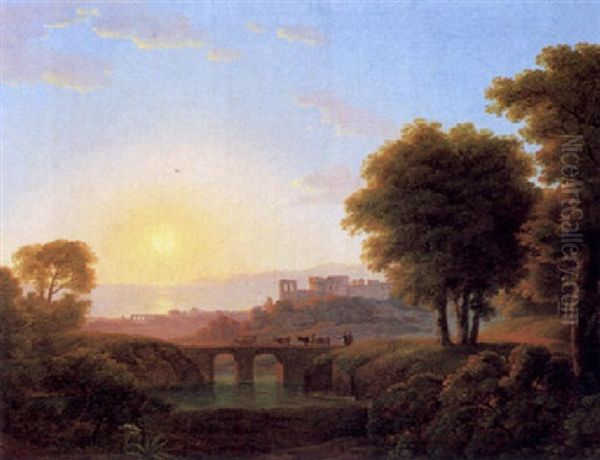 Ideale Sudliche Kustenlandschaft Mit Herdenzug Uber Eine Bogenbrucke Bei Sonnenuntergang Oil Painting by Josef Rebell