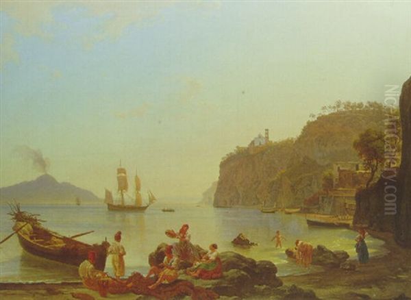 Fisherfolk In A Harbour With Vesuvius Beyond Oil Painting by Josef Rebell