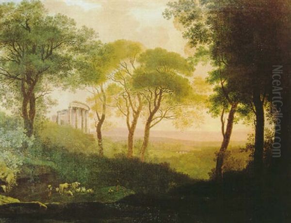 Landschaft Bei Tivoli Mit Dem Sibyllentempel by Josef Rebell