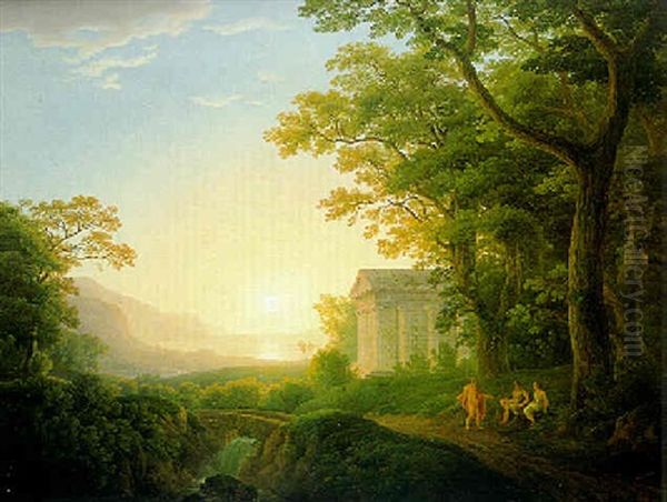 Ideale Landschaft Mit Einem Griecheschen Tempel Und Einem Wasserfall Mit Figuren Oil Painting by Josef Rebell