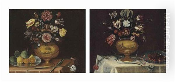 Roses, Tulips, Jasmine And Other Flowers In An Urn With Oranges, Lemons And Other Fruit On A Platter, On A Cloth Covered Table; And Roses, Tulips, And Iris And Other Flowers With Cherries In A Pewter Dish, On A Cloth Covered Table Oil Painting by Giacomo Recco