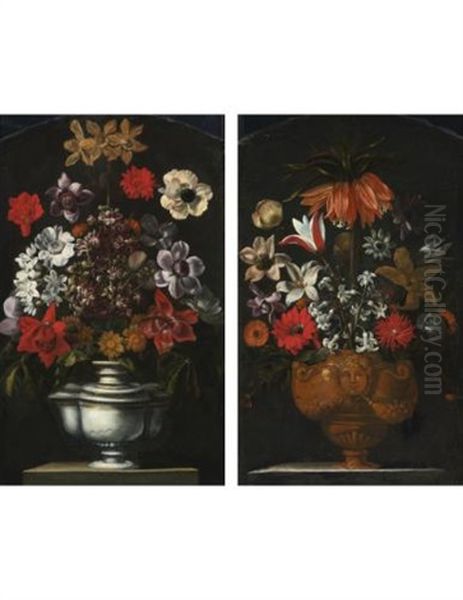 Still Lifes Of Flowers In Elaborate Urns On A Ledge (pair) Oil Painting by Giacomo Recco