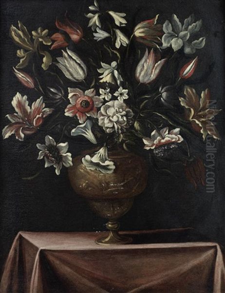 Tulips, Narcissi And Other Flowers In A Bronze Urn On A Draped Table Oil Painting by Giacomo Recco