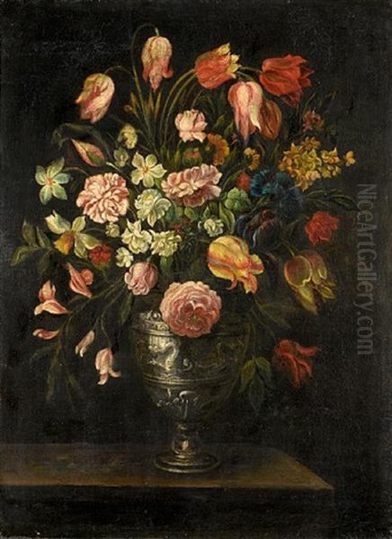 Roses, Tulips, Narcissi And Other Flowers In A Pewter Urn, On A Table Top Oil Painting by Giacomo Recco