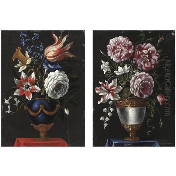 Nature Morte Con Vasi Di Fiori (pair) Oil Painting by Giacomo Recco