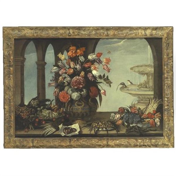 Still Life Of Flowers In A Vase, Artichokes, Lettuce, Pears, Fraises-de-bois And Cherries In A Bowl, Some Sliced Salami, Mushrooms On A Plate, Together With Flowers And Asparagus In A Bowl Oil Painting by Giacomo Recco