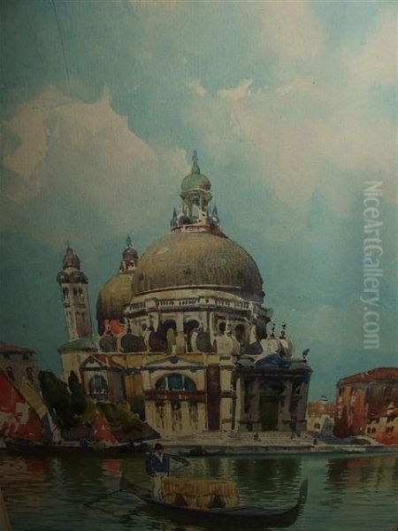 A View Of Santa Maria Della Salute With Gondola In The Foreground Oil Painting by Emilio Boni