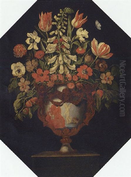 A Foxglove, Parrot Tulips, Poppies, Daffodils, Chrysanthemums And Other Flowers In An Ormolu-mounted Urn On A Pedestal Oil Painting by Giacomo Recco