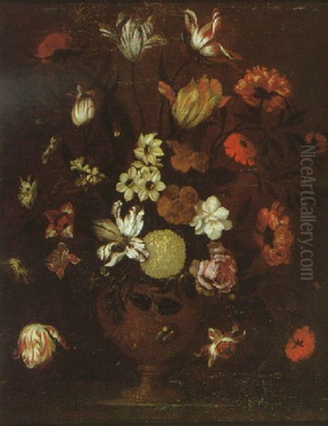 A Still Life Of Parrot Tulips, Narcissi, A Poppy And Other Flowers In A Sculpted Bronze Vase On A Stone Ledge Oil Painting by Giacomo Recco