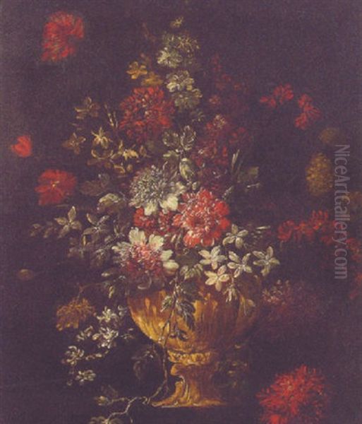 Flowers In A Gilt Urn On A Ledge Oil Painting by Giacomo Recco