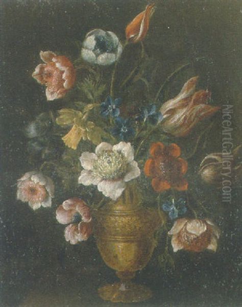 Flowers In A Brass Urn Oil Painting by Giacomo Recco