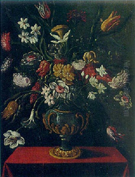 Flowers In A Silver-gilt Urn On A Draped Table Oil Painting by Giacomo Recco