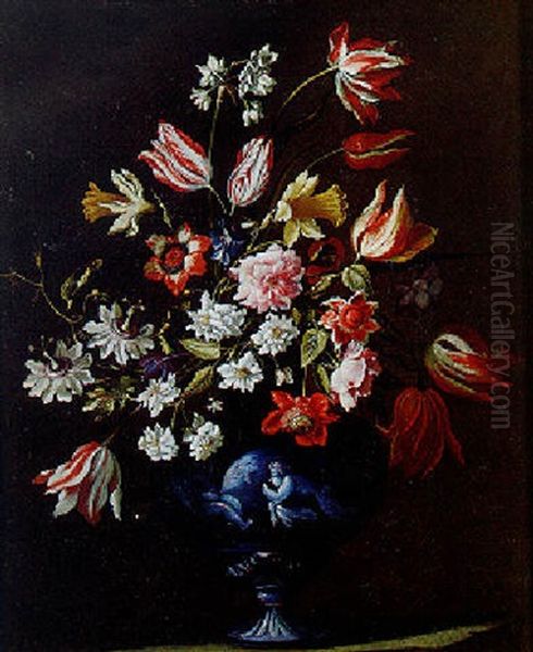 Still Life With Tulips, Anemone, Daffodils And Other Flowers In A Vase On A Stone Ledge Oil Painting by Giacomo Recco