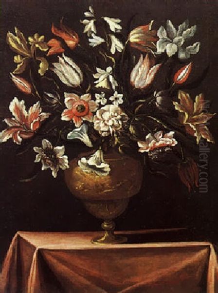 Fiori In Vaso De Metallo Su Un Tavolo Coperto Con Un Tappeto by Giacomo Recco