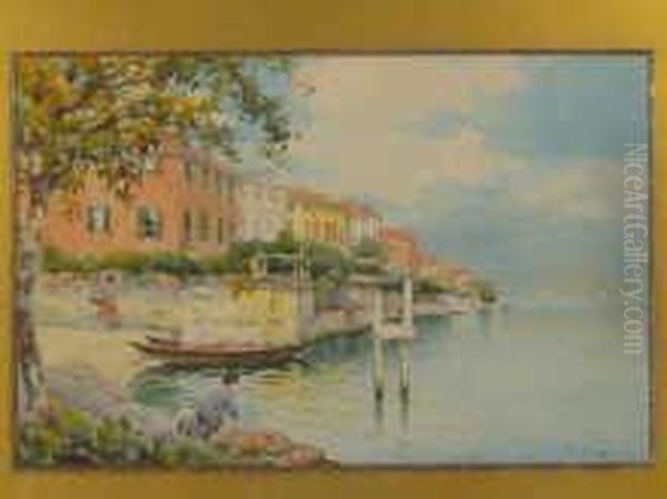 Italian Lakeside Scene Oil Painting by Emilio Boni