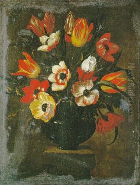 Nature Morte Au Vase De Tulipes Et Anemones Sur Un Entablement Oil Painting by Giacomo Recco