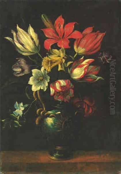 Tulips, A Daffodil And Other Flowers In An Urn Oil Painting by Giacomo Recco