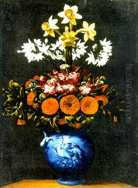 Flowers In A Blue Porcelain Vase On A Stone Ledge Oil Painting by Giacomo Recco