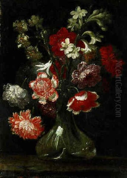 Narcissi, A Tuberose, And Other Flowers In A Glass Vase On A Ledge Oil Painting by Giacomo Recco