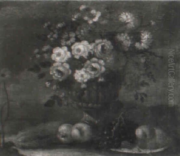 Flowers In A Sculpted Urn With Fruit On A Plate In A Landscape Oil Painting by Giacomo Recco