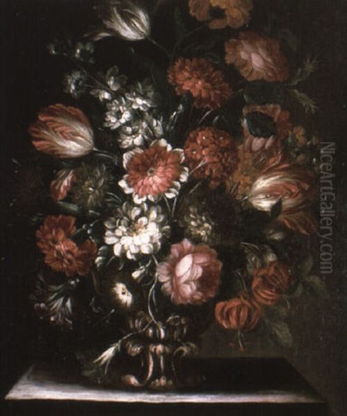 Parrot-tulips, Carnations And Other Flowers In A Sculpted Urn Oil Painting by Giacomo Recco