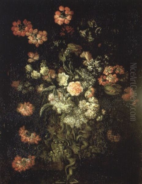 Flowers In A Sculpted Urn On A Table Oil Painting by Giacomo Recco