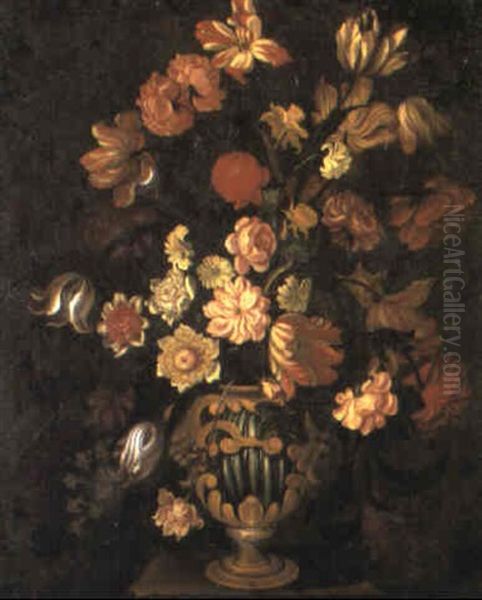 Tulips And Other Flowers In A Vase On A Stone Plinth With Masks Oil Painting by Giacomo Recco