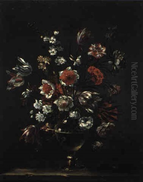 Natura Morta Di Fiori In Un Vaso Di Cristallo Su Un Piano Di Pietra Oil Painting by Giacomo Recco