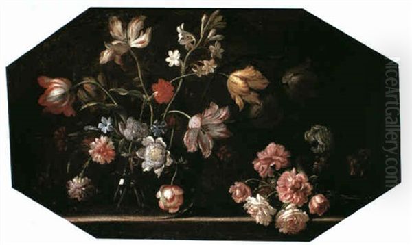 A Still Life Of Flowers Including Tulips, Stephanosis, And  Carnations In A Glass Vase Upon A Stone Ledge With A Posy Oil Painting by Giacomo Recco