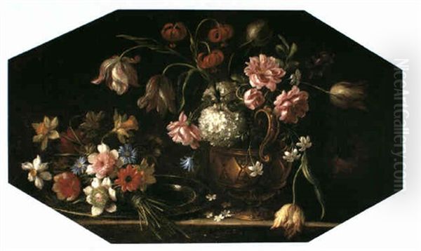 A Still Life Of Flowers Including Tulips, Lilies And Roses  In A Gilt Urn Upon A Ledge With A Posy Of Daffodils And Oil Painting by Giacomo Recco