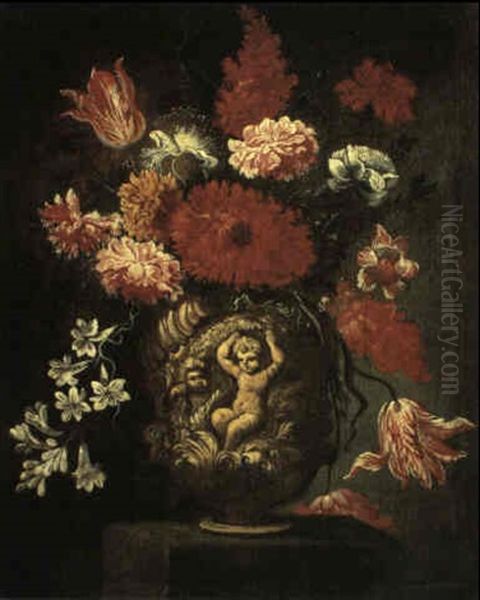 A Still Life Of Flowers Including Salvias, Tulips,          Carnations And Stephanotis In An Ornamental Urn On A Stone Oil Painting by Giacomo Recco