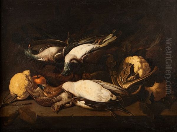 Nature Morte Canard Pilet, Perdreau Et Ramiers, Chou-fleur, Mandarine Et Cedrat Oil Painting by Giovanni Battista Recco