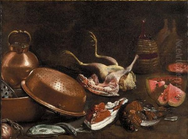 Natura Morta Con Tegami, Pollo E Frutta Oil Painting by Giovanni Battista Recco